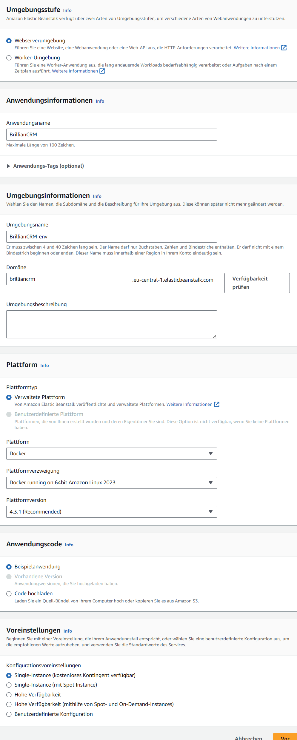 Step 1 of setting up Beanstalk Application