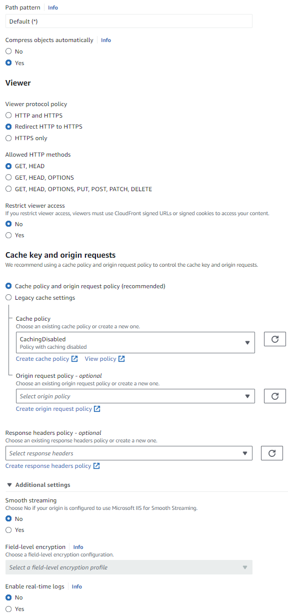 Step 2 of setting up CloudFront Distribution: Default Cache Behavior