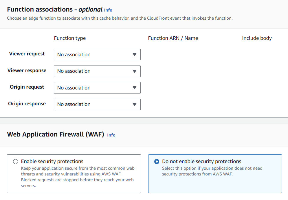 Step 3 of setting up CloudFront Distribution: Function associations and Web Application Firewall (WAF)