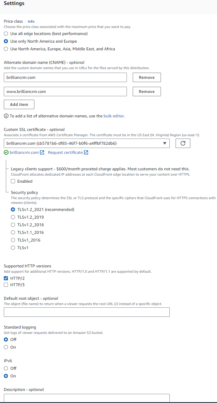 Step 4 of setting up CloudFront Distribution: Settings