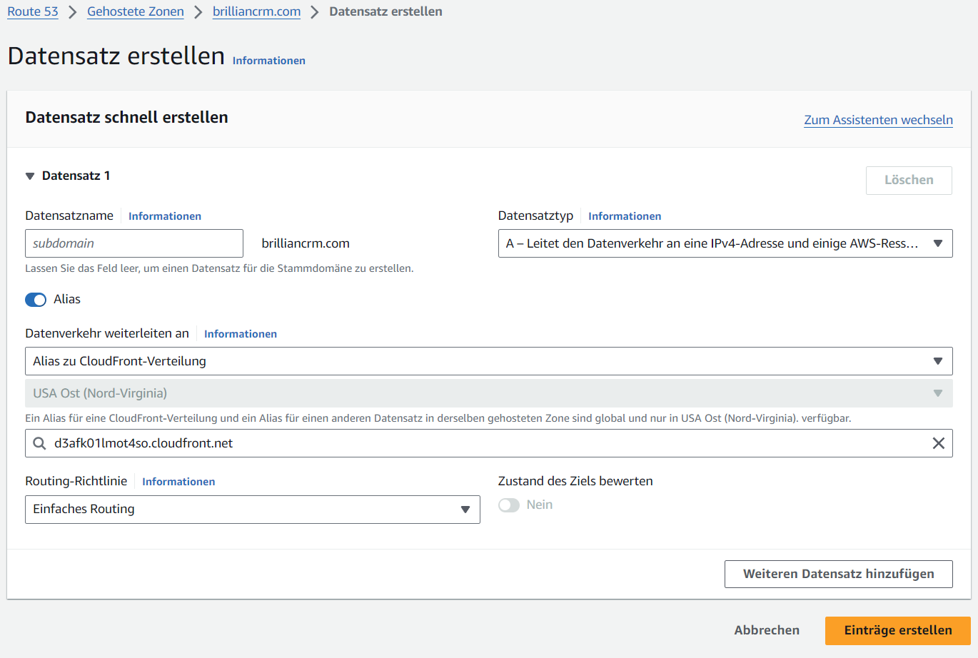 Step 6 of setting up CloudFront Distribution: DNS Record Creation